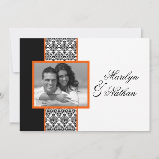 Black White Sinaasappel Damask Photo Wedding Invit Kaart (Voorkant)