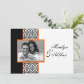 Black White Sinaasappel Damask Photo Wedding Invit Kaart (Staand voorkant)
