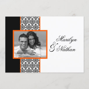 Black White Sinaasappel Damask Photo Wedding Invit Kaart