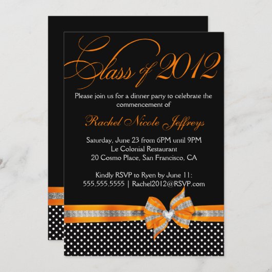Black White Sinaasappel Polka Dot Afstuderen Invit Kaart (Voorkant / Achterkant)