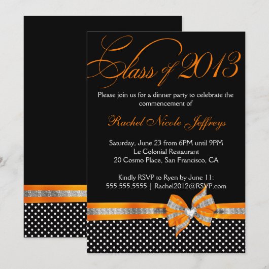 Black White Sinaasappel Polka Dot Afstuderen Invit Kaart (Voorkant / Achterkant)