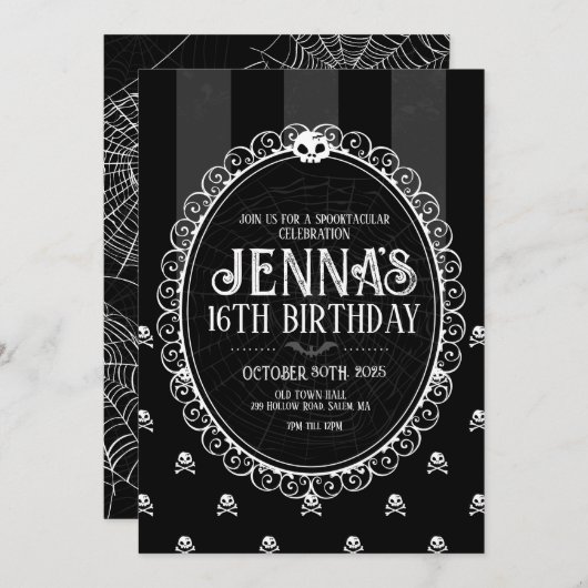 Black & White Skull Stripe Uitnodiging voor verjaa (Voorkant / Achterkant)