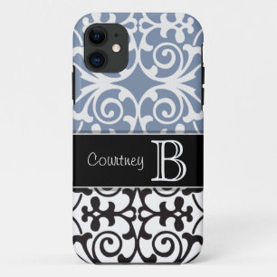 Black White Slate Blue Damask Monogram iPhone 5 11 Hoesje