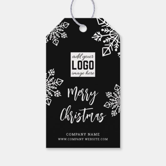 Black White Snowflake Company Logo Merry Kerstry Cadeaulabel (Voorkant)