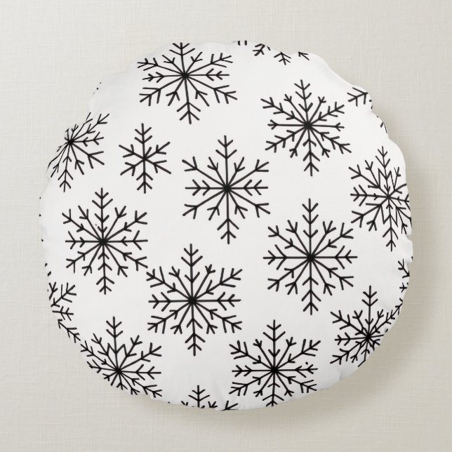 Black & White Snowflake Throw Pillow – Minimalist  Rond Kussen (Voorkant)