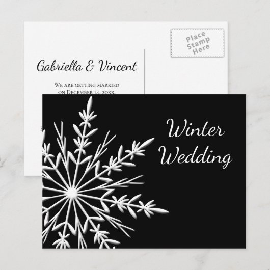 Black White Snowflake Winter Wedding Save the Date Aankondigingskaart (Voorkant / Achterkant)