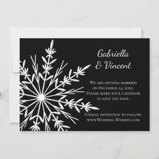 Black White Snowflake Winter Wedding Save the Date Kaart (Voorkant)