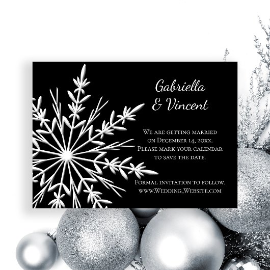 Black White Snowflake Winter Wedding Save the Date Kaart