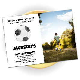 Black White Soccer Birthday Invitations met foto Kaart