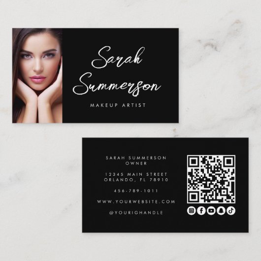 Black White Social Media QR Photo Makeup Visitekaartje (Voorkant / Achterkant)