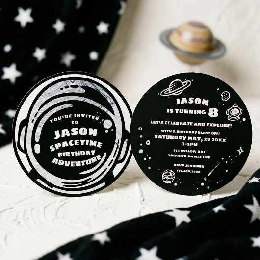 Black White Space Astronaut Birthday Invitations Kaart