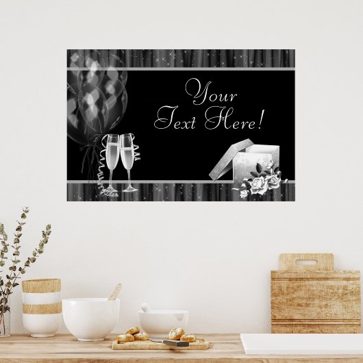 Black White Sparkles Champagne Party Banner Poster (Keuken)