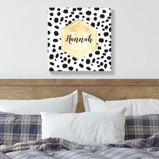 Black White Spots Pattern Gold Monogram Canvas Afdruk (Insitu (Slaapkamer))