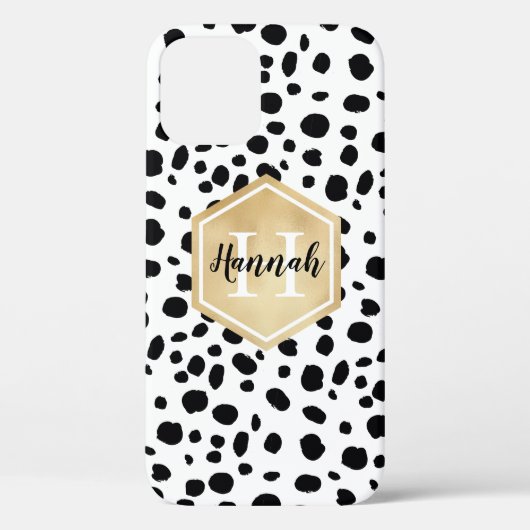 Black White Spots Pattern Gold Monogram Case-Mate iPhone Case (Achterkant)
