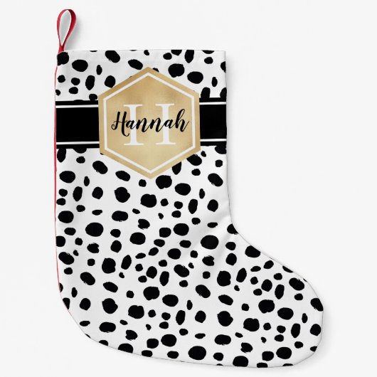 Black White Spots Pattern Gold Monogram Kleine Kerstsok (Voorkant)