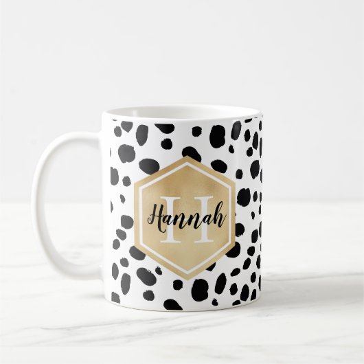 Black White Spots Pattern Gold Monogram Koffiemok (Links)