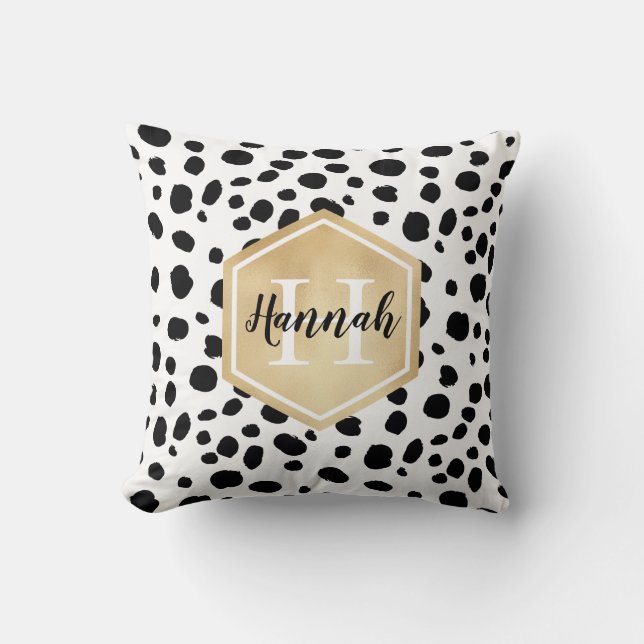 Black White Spots Pattern Gold Monogram Kussen (Voorkant)