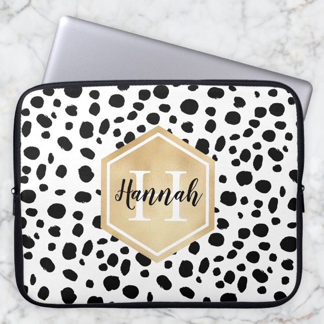 Black White Spots Pattern Gold Monogram Laptop Sleeve (Creator heeft geüpload)