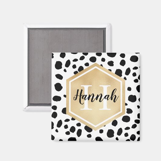 Black White Spots Pattern Gold Monogram Magneet (Voorkant / Achterkant)