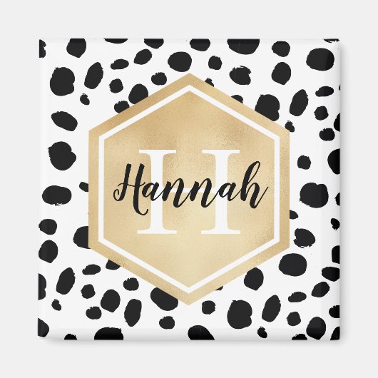Black White Spots Pattern Gold Monogram Magneet (Voorkant)