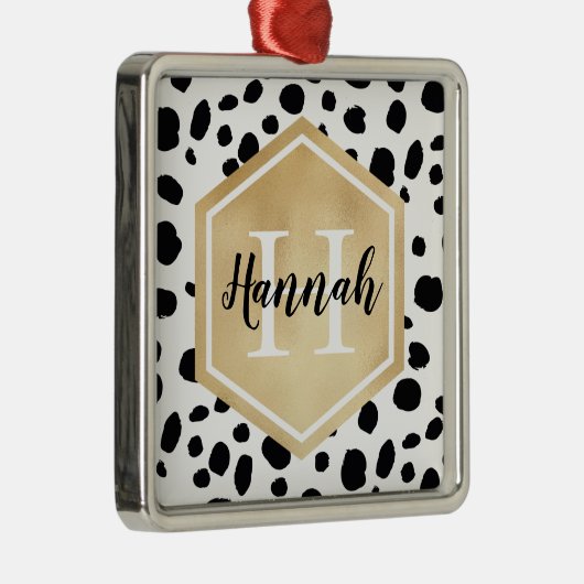 Black White Spots Pattern Gold Monogram Metalen Ornament (Rechts)