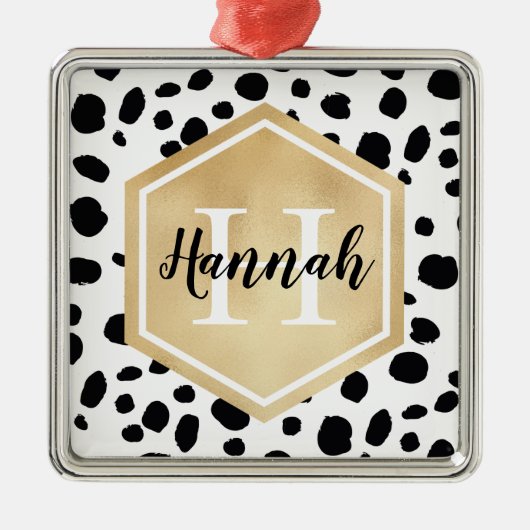 Black White Spots Pattern Gold Monogram Metalen Ornament (Voorkant)
