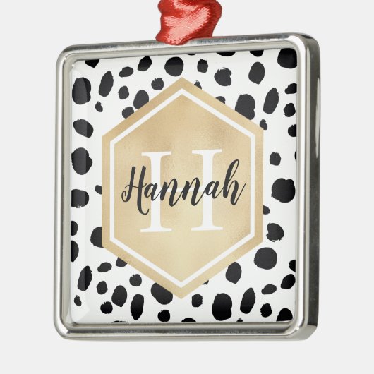 Black White Spots Pattern Gold Monogram Metalen Ornament (Links)