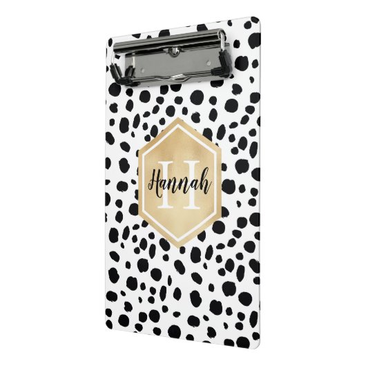 Black White Spots Pattern Gold Monogram Mini Klembord (Angled2)