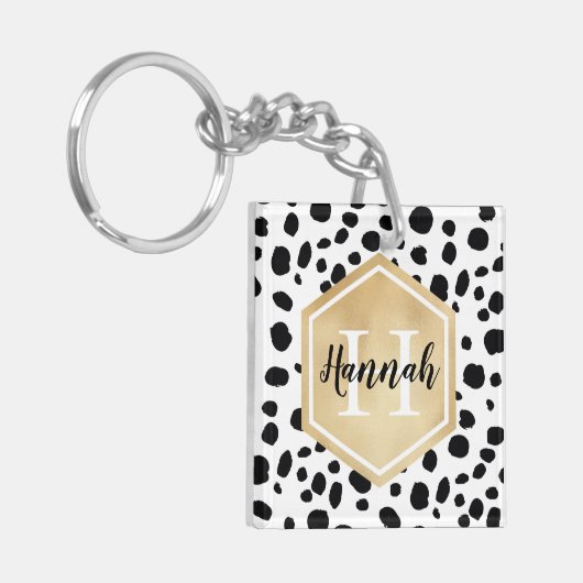 Black White Spots Pattern Gold Monogram Sleutelhanger (Voorkant Links)