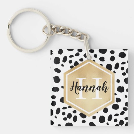 Black White Spots Pattern Gold Monogram Sleutelhanger (Voorkant)