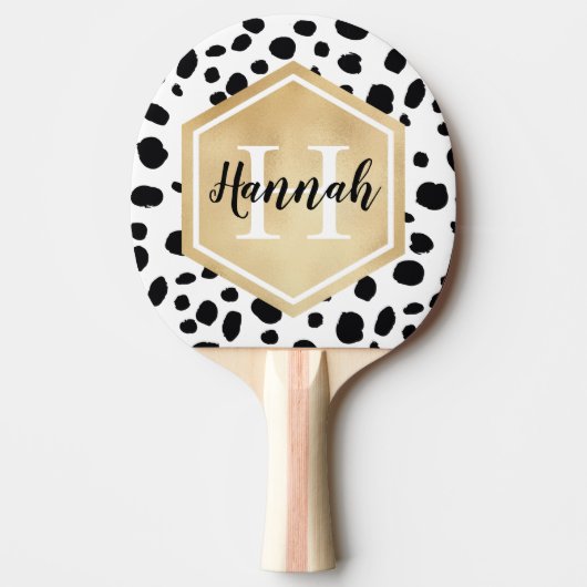 Black White Spots Pattern Gold Monogram Tafeltennisbatje (Voorkant)
