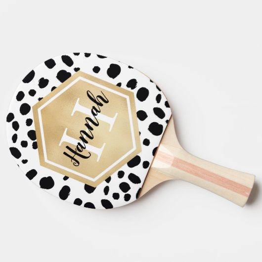 Black White Spots Pattern Gold Monogram Tafeltennisbatje (Zijkant)