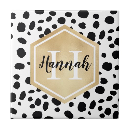 Black White Spots Pattern Gold Monogram Tegeltje (Voorkant)