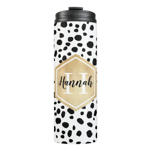 Black White Spots Pattern Gold Monogram Thermosbeker (Voorkant)