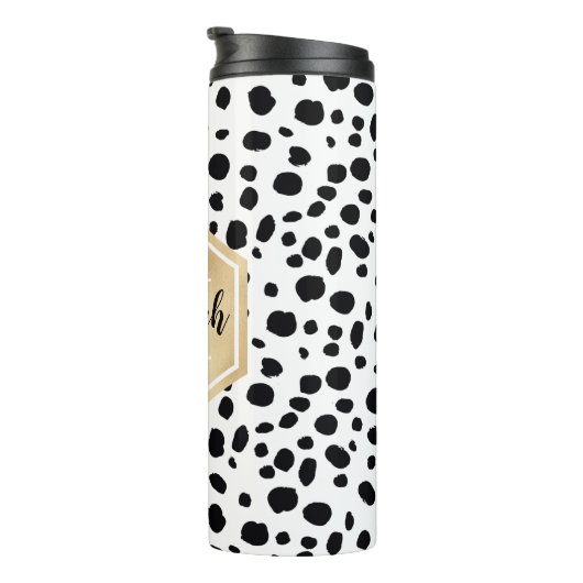 Black White Spots Pattern Gold Monogram Thermosbeker (Geroteerd rechts)