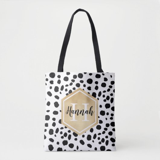 Black White Spots Pattern Gold Monogram Tote Bag (Voorkant)