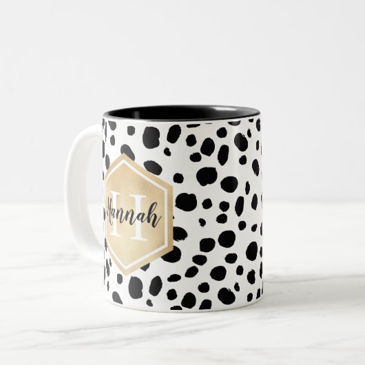 Black White Spots Pattern Gold Monogram Tweekleurige Koffiemok (Voorkant links)