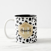 Black White Spots Pattern Gold Monogram Tweekleurige Koffiemok (Links)