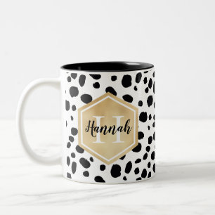 Black White Spots Pattern Gold Monogram Tweekleurige Koffiemok