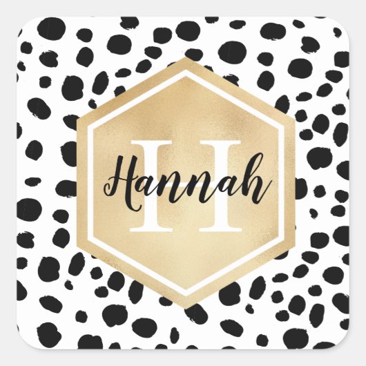 Black White Spots Pattern Gold Monogram Vierkante Sticker (Voorkant)