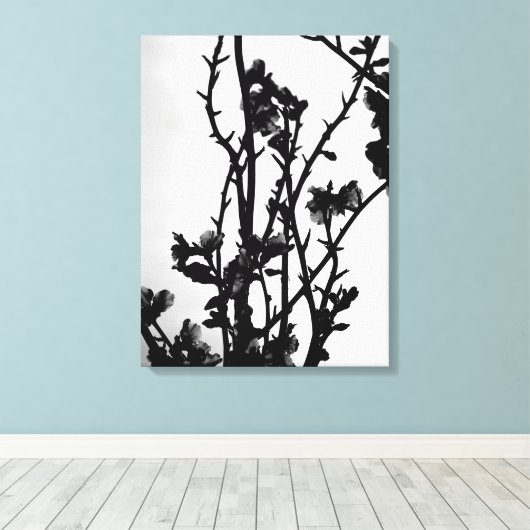 Black White Spring Almond Tree Floral Art Graphic Canvas Afdruk (Insitu (Houten vloer))