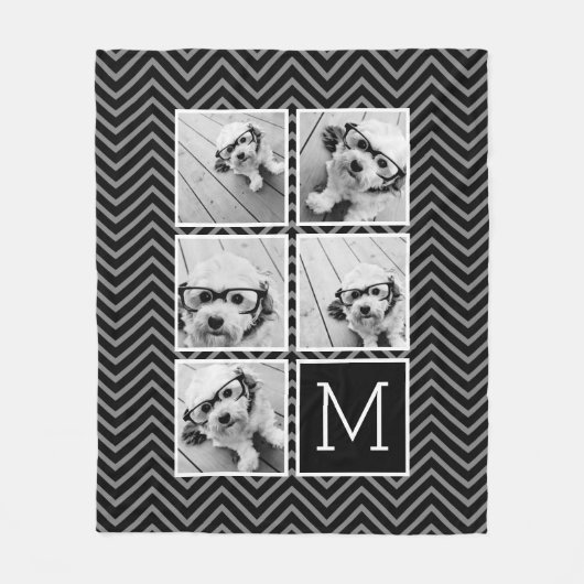 Black White Square 5 Photo Collage Monogram Fleece Deken (Voorkant)