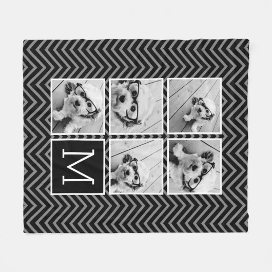 Black White Square 5 Photo Collage Monogram Fleece Deken (Voorkant (Horizontaal))