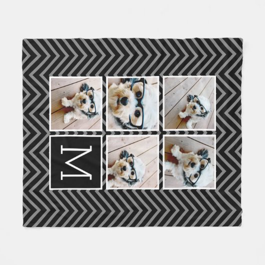 Black White Square 5 Photo Collage Monogram Fleece Deken (Voorkant (Horizontaal))