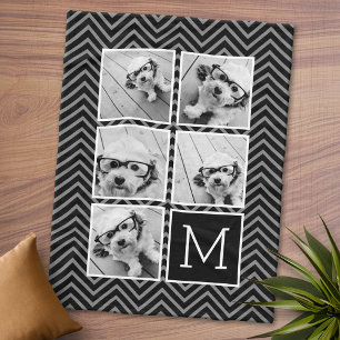 Black White Square 5 Photo Collage Monogram Fleece Deken