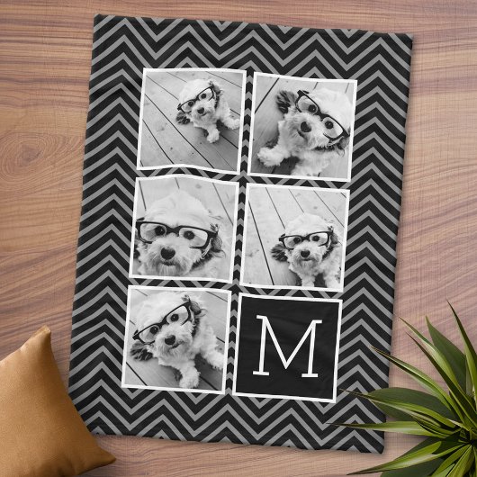 Black White Square 5 Photo Collage Monogram Fleece Deken
