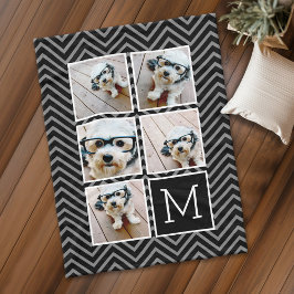 Black White Square 5 Photo Collage Monogram Fleece Deken