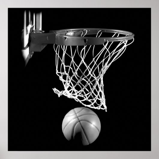 Black & White Square Basketball Ball & Net Poster (Voorkant)