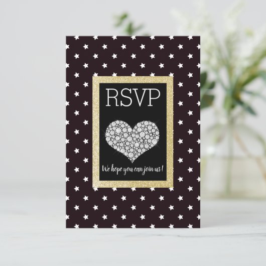 Black White Star Gold Heart RSVP Kaartje (Staand voorkant)