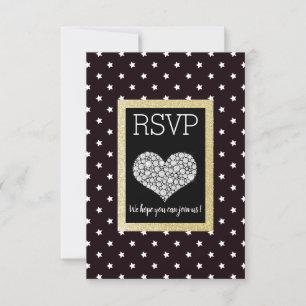 Black White Star Gold Heart RSVP Kaartje